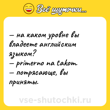 Шутка: — на каком уровне вы владеете английским языком? <br>— primerno na takom. <br>— потрясающе, вы приняты.