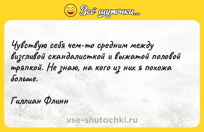 Цитата: Чувствую себя чем-то средним между визгливой скандалисткой и выжатой половой тряпкой. Не знаю, на кого из них я похожа больше.Гиллиан Флинн