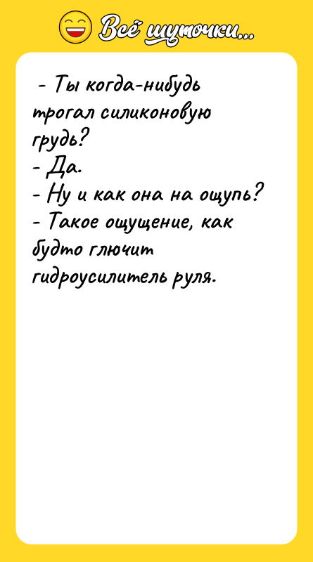  - Ты когда-нибудь трогал силиконовую грудь?  - Да.