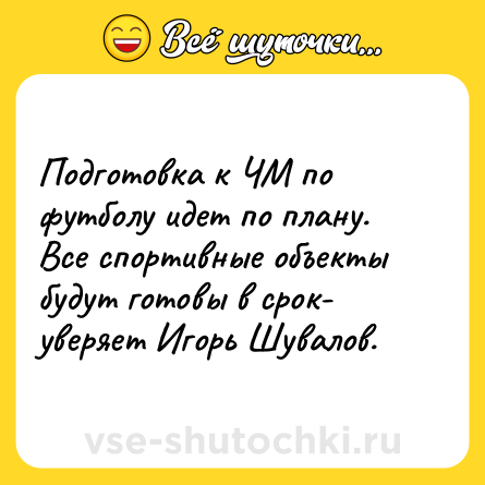 Шутка: Подготовка к ЧМ по футболу идет по плану. Все спортивные объекты будут готовы в срок- уверяет Игорь Шувалов.