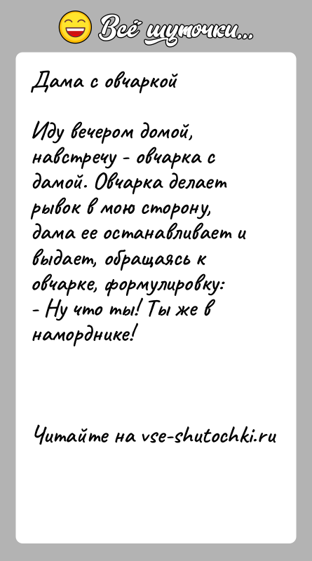 История: Дама с овчаркойИду вечером домой, навстречу - овчарка с дамой. Овчарка делает рывок в мою сторону, дама ее останавливает и