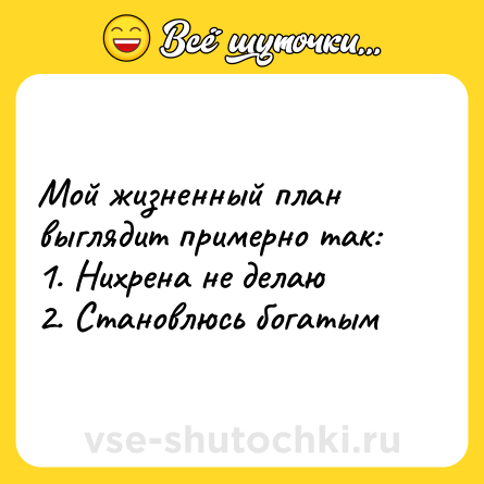 Шутка: Мой жизненный план выглядит примерно так: <br>1. Нихрена не делаю <br>2. Становлюсь богатым