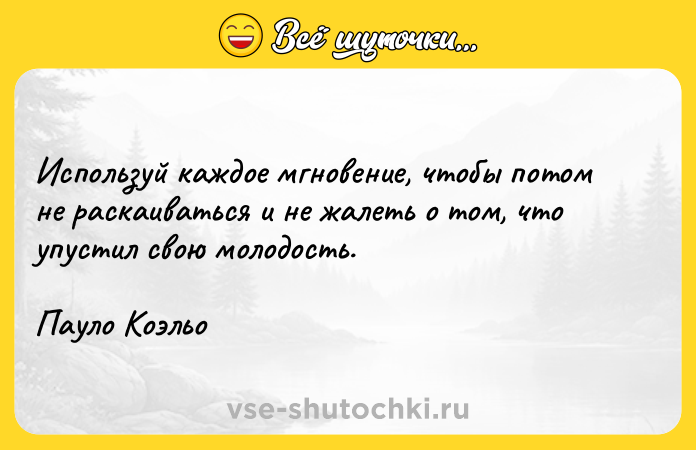 Цитата: Используй каждое мгновение, чтобы потом не раскаиваться и не жалеть о том, что упустил свою молодость. Пауло Коэльо
