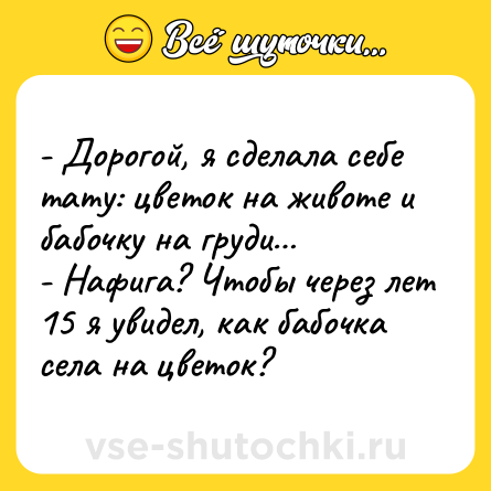 Шутка: - Дорогой, я сделала себе тату: цветок на животе и бабочку на груди…<br>- Нафига? Чтобы через лет 15 я увидел, как бабочка села на цветок?