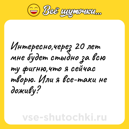 Шутка: Интересно,через 20 лет мне будет стыдно за всю ту фигню,что я сейчас творю. Или я все-таки не доживу?