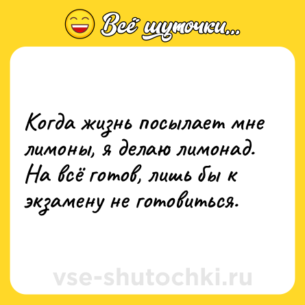 Шутка: Когда жизнь посылает мне лимоны, я делаю лимонад. На всё готов, лишь бы к экзамену не готовиться.