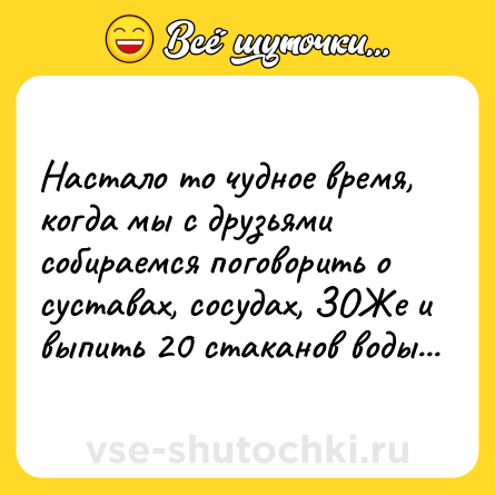 Шутка: Настало то чудное время, когда мы с друзьями собираемся поговорить о суставах, сосудах, ЗОЖе и выпить 20 стаканов воды...