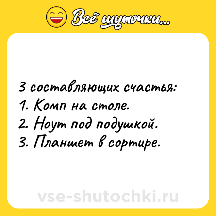 Шутка: 3 составляющих счастья:<br>1. Комп на столе.<br>2. Ноут под подушкой.<br>3. Планшет в сортире.