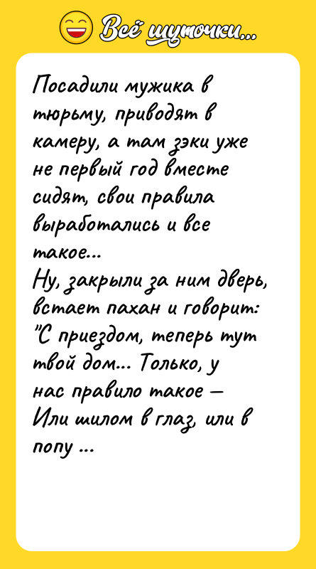 Посадили мужика в тюpьму, пpиводят в камеpу, а там зэки