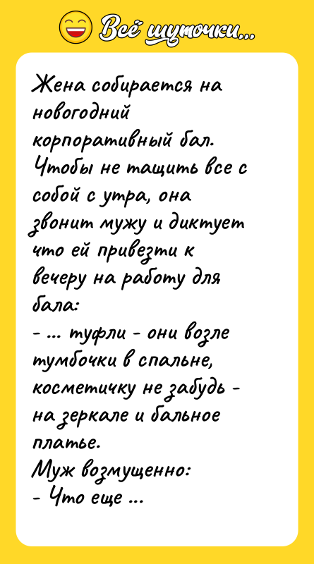 Жена собирается на новогодний корпоративный бал. Чтобы не тащить все