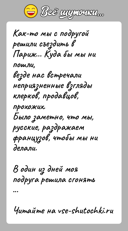 История: Как-то мы с подругой решили съездить в Париж... Куда бы мы ни пошли,везде нас встречали неприязненные взгляды клерков, продавцов, прохожих.Было