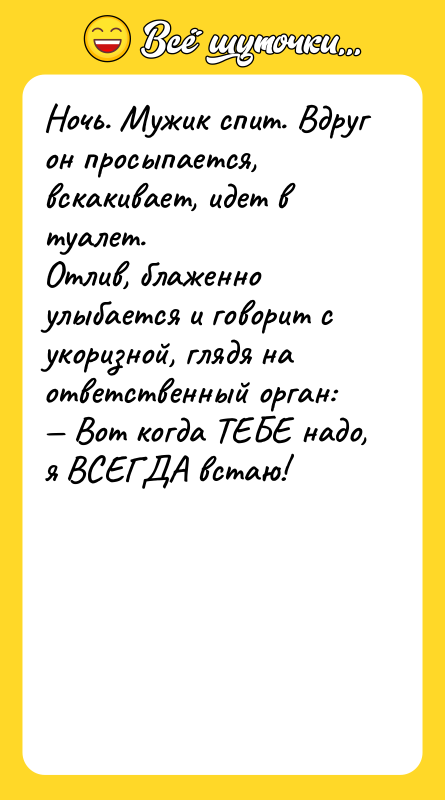 Ночь. Мужик спит. Вдруг он просыпается, вскакивает, идет в туалет.