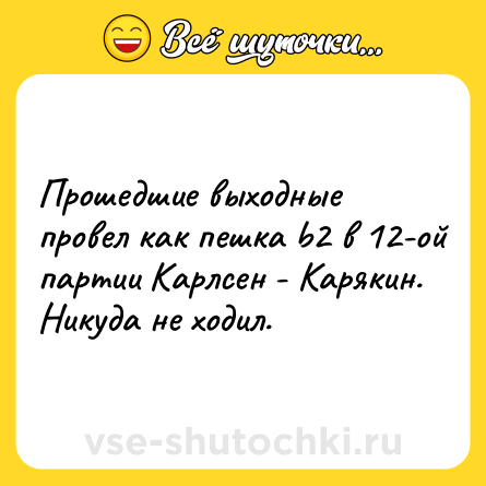 Шутка: Прошедшие выходные провел как пешка b2 в 12-ой партии Карлсен - Карякин. Никуда не ходил.