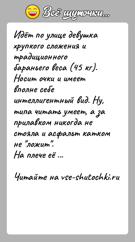 История: Идёт по улице девушка хрупкого сложения и традиционного бараньего веса (45 кг). Носит очки и имеет вполне себе интеллигентный вид.