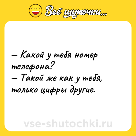 Шутка: — Какой у тебя номер телефона?<br>— Такой же как у тебя, только цифры другие.