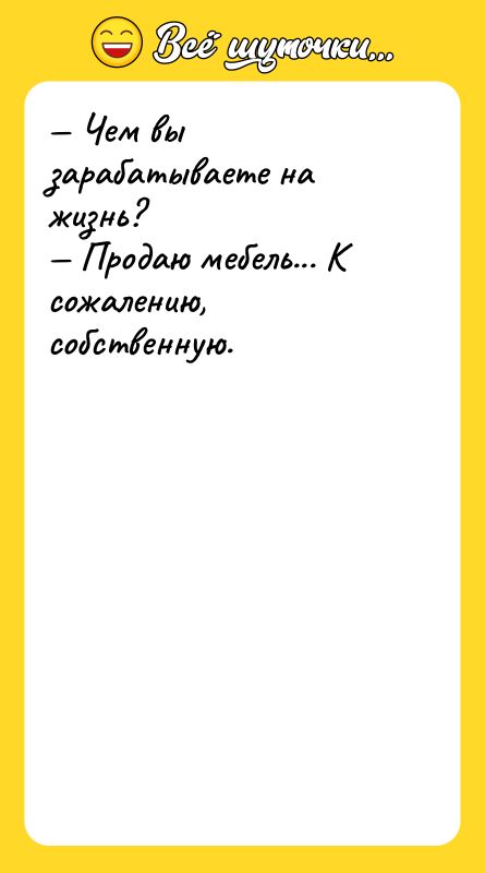 — Чем вы зарабатываете на жизнь?<br/>— Продаю мебель... К сожалению,