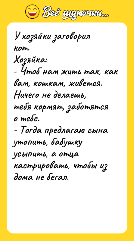 У хозяйки заговорил кот. Хозяйка: - Чтоб нам жить так,