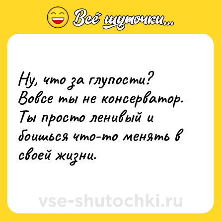 Шутка: Ну, что за глупости? Вовсе ты не консерватор. Ты просто ленивый и боишься что-то менять в своей жизни.