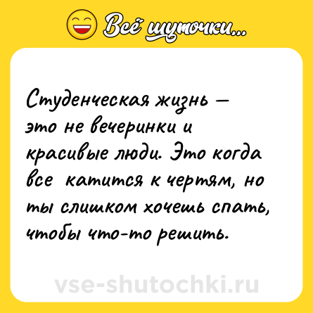 Шутка: Студенческая жизнь — это не вечеринки и красивые люди. Это когда все  катится к чертям, но ты слишком хочешь спать, чтобы что-то решить.
