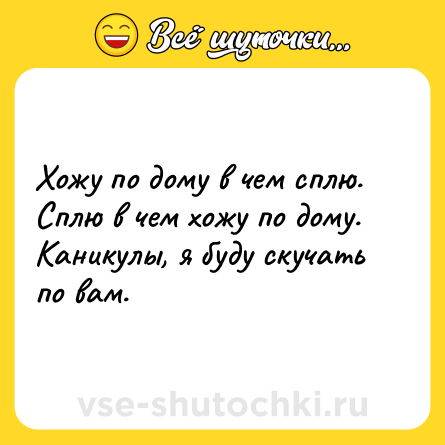 Шутка: Хожу по дому в чем сплю. Сплю в чем хожу по дому. Каникулы, я буду скучать по вам.