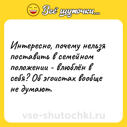 Шутка: Интересно, почему нельзя поставить в семейном положении - влюблён в себя? Об эгоистах вообще не думают.