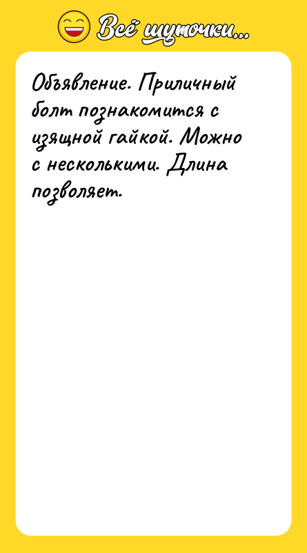 Объявление. Приличный болт познакомится с изящной гайкой. Можно с несколькими.