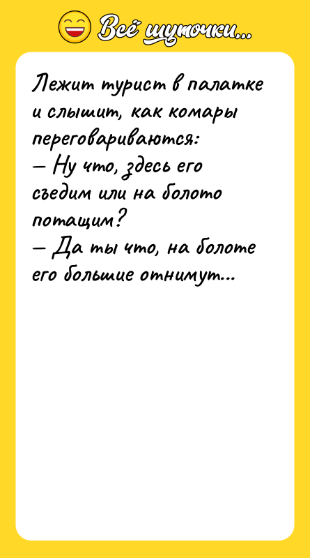 Лежит турист в палатке и слышит, как комары переговариваются: —