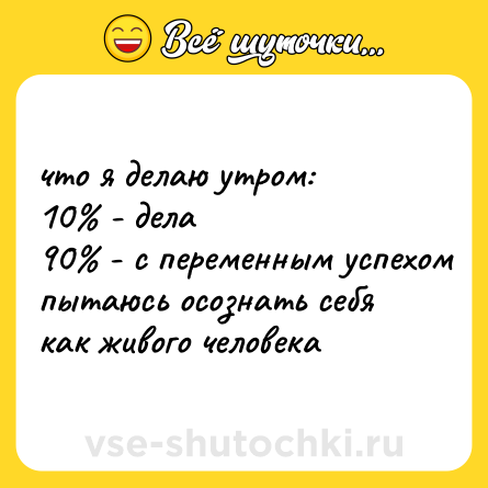 Шутка: что я делаю утром:  <br>10% - дела  <br>90% - с переменным успехом пытаюсь осознать себя как живого человека