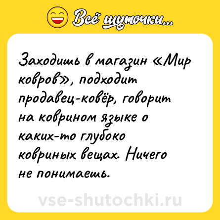 Шутка: Заходишь в магазин «Мир ковров», подходит продавец-ковёр, говорит на коврином языке о каких-то глубоко ковриных вещах. Ничего не понимаешь.