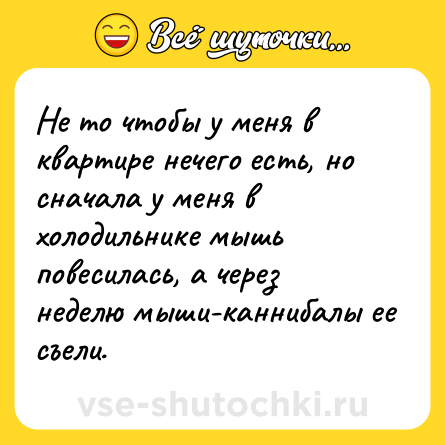 Шутка: Не то чтобы у меня в квартире нечего есть, но сначала у меня в холодильнике мышь повесилась, а через неделю мыши-каннибалы ее съели.