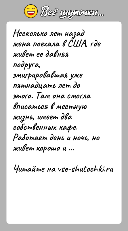 История: Несколько лет назад жена поехала в США, где живет ее давняя подруга, эмигрировавшая уже пятнадцать лет до этого. Там она