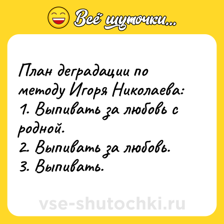 Шутка: План деградации по методу Игоря Николаева: <br>1. Выпивать за любовь с родной. <br>2. Выпивать за любовь. <br>3. Выпивать.