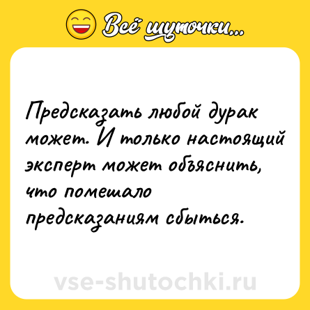Шутка: Предсказать любой дурак может. И только настоящий эксперт может объяснить, что помешало предсказаниям сбыться.