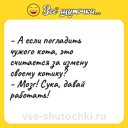 Шутка: – А если погладить чужого кота, это считается за измену своему котику?<br>– Мозг! Сука, давай работать!