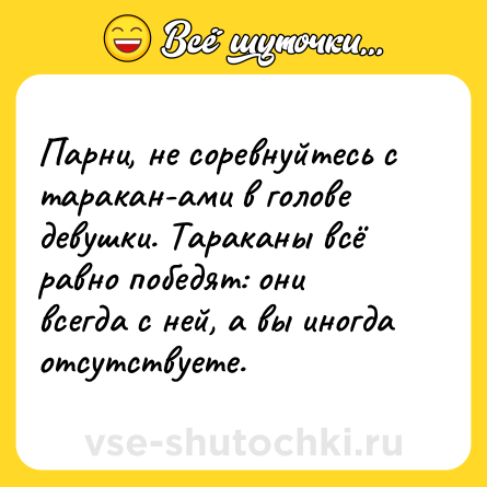 Шутка: Парни, не соревнуйтесь с таракан­ами в голове девушки. Тараканы всё равно победят: они всегда с ней, а вы иногда отсутствуете.