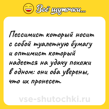 Шутка: Пессимист который носит с собой туалетную бумагу и оптимист который надеется на удачу похожи в одном: они оба уверены, что их пронесет.