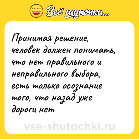 Шутка: Принимая решение, человек должен понимать, что нет правильного и неправильного выбора, есть только осознание того, что назад уже дороги нет