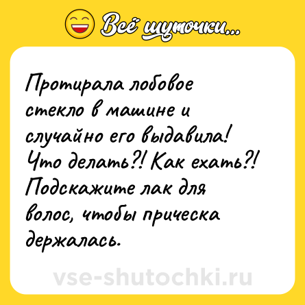 Шутка: Протирала лобовое стекло в машине и случайно его выдавила! Что делать?! Как ехать?! Подскажите лак для волос, чтобы прическа держалась.