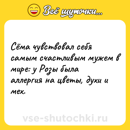 Шутка: Сёма чувствовал себя самым счастливым мужем в мире: у Розы была аллергия на цветы, духи и мех.