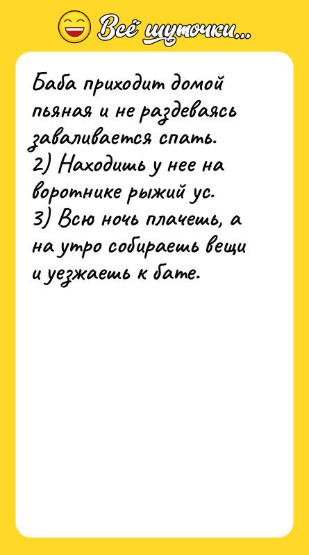 Баба приходит домой пьяная и не раздеваясь заваливается спать.<br/>2) Находишь