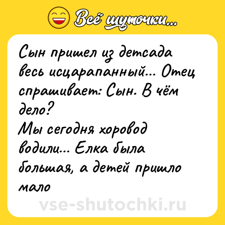 Шутка: Сын пришел из детсада весь исцарапанный Отец спрашивает: Сын. В чём дело?Мы сегодня хоровод водили Елка была большая, а детей пришло мало