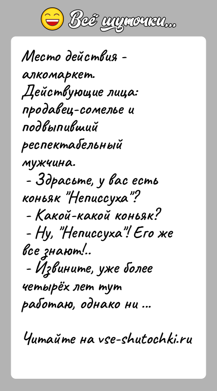 История: Место действия - алкомаркет.Действующие лица: продавец-сомелье и подвыпивший респектабельный мужчина. - Здрасьте, у вас есть коньяк Неписсуха ? - Какой-какой коньяк?