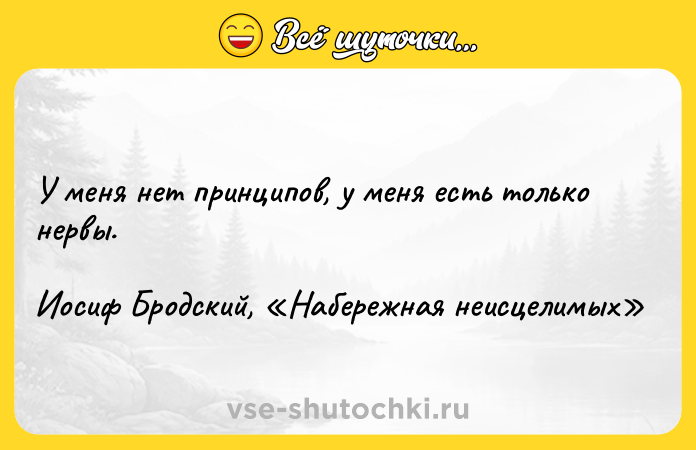 Цитата: У меня нет принципов, у меня есть только нервы. Иосиф Бродский, Набережная неисцелимых