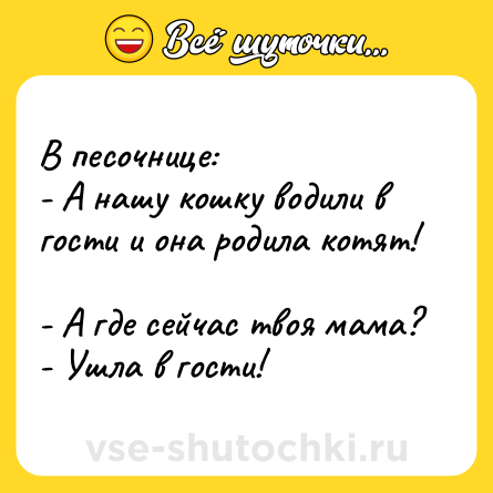 Шутка: В песочнице: <br>- А нашу кошку водили в гости и она родила котят! <br>- А где сейчас твоя мама? <br>- Ушла в гости!