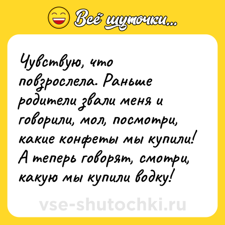 Шутка: Чувствую, что повзрослела. Раньше родители звали меня и говорили, мол, посмотри, какие конфеты мы купили! А теперь говорят, смотри, какую мы купили водку!