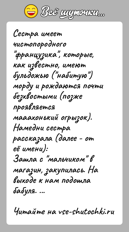 История: Сестра имеет чистопородного французика , которые, как известно, имеют бульдожью ( набитую ) морду и рождаются почти безхвостыми (позже проявляется мааахонький огрызок).Намедни сестра