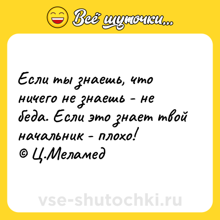 Шутка: Если ты знаешь, что ничего не знаешь - не беда. Если это знает твой начальник - плохо! <br>© Ц.Меламед