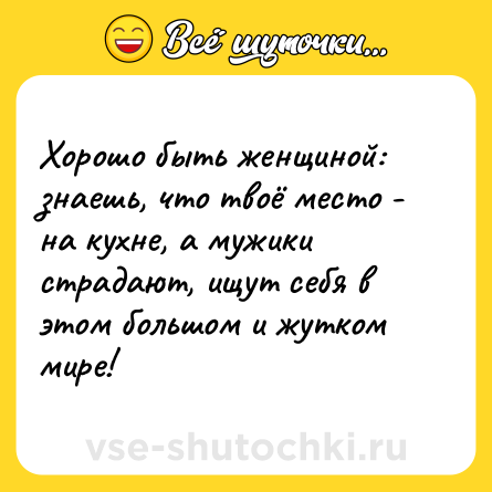 Шутка: Хорошо быть женщиной: знаешь, что твоё место - на кухне, а мужики страдают, ищут себя в этом большом и жутком мире!