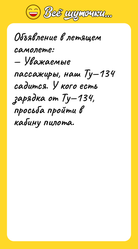 Объявление в летящем самолете: Уважаемые пассажиры, наш Ту 134 садится.