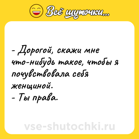 Шутка: - Дорогой, скажи мне что-нибудь такое, чтобы я почувствовала себя женщиной.<br>- Ты права.